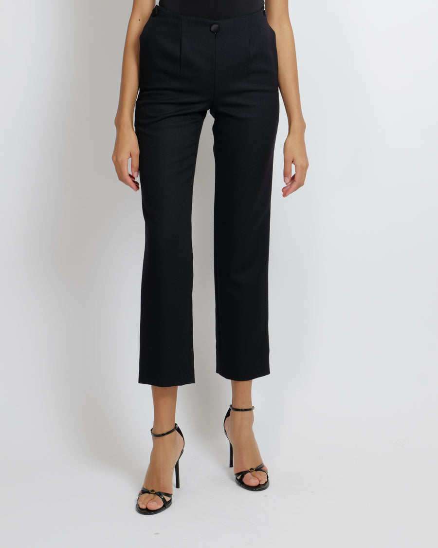 Chanel Black Wool Trousers with Front Flap Detail and Back Crystal Embellished CC Logo Detail Size FR 34 (UK 6)