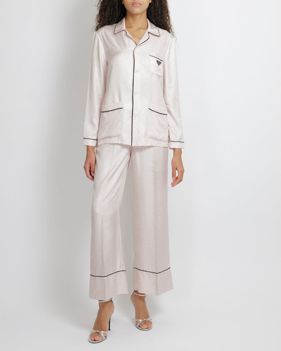 Prada Blush Pink Silk Crystal Embellished Pyjama Set with Black Trims and Black Logo Plaque Detail Size XS (UK 6) RRP £5,500