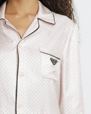 Prada Blush Pink Silk Crystal Embellished Pyjama Set with Black Trims and Black Logo Plaque Detail Size XS (UK 6) RRP £5,500