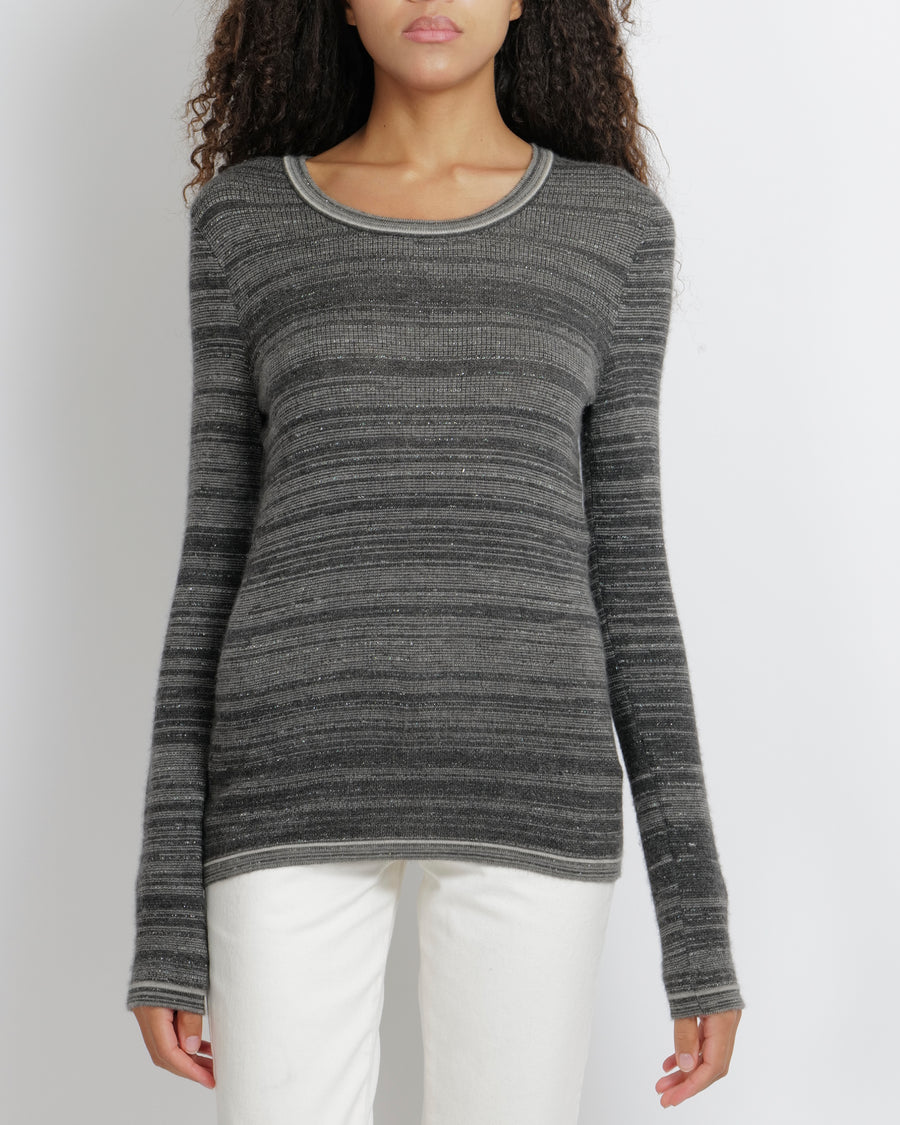 Chanel Grey Striped Cashmere Metallic Thread Long-Sleeve Jumper Size FR 38 (UK 10)
