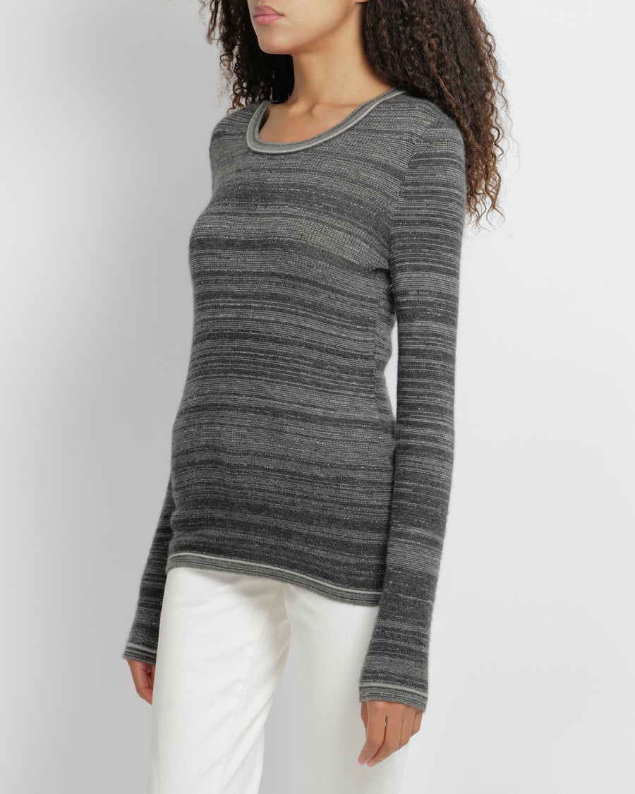 Chanel Grey Striped Cashmere Metallic Thread Long-Sleeve Jumper Size FR 38 (UK 10)