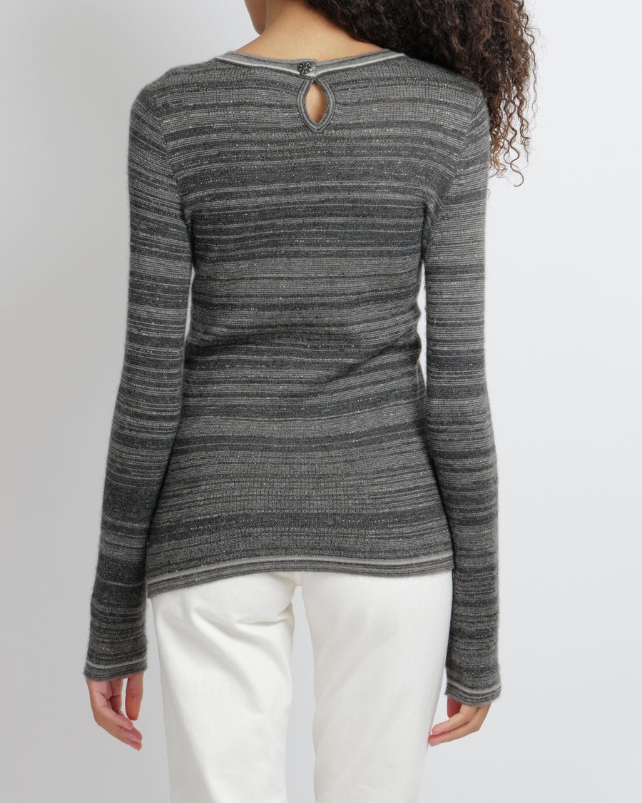 Chanel Grey Striped Cashmere Metallic Thread Long-Sleeve Jumper Size FR 38 (UK 10)