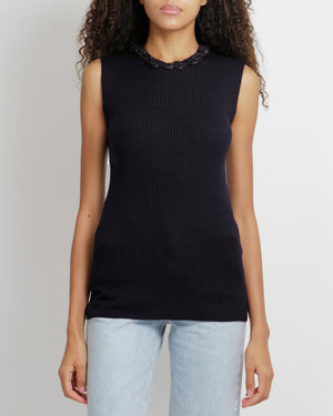 Chanel Purple Cashmere Silk Blend Sleeveless Top with Stone-Embellished Collar Size FR 40 (UK 12)