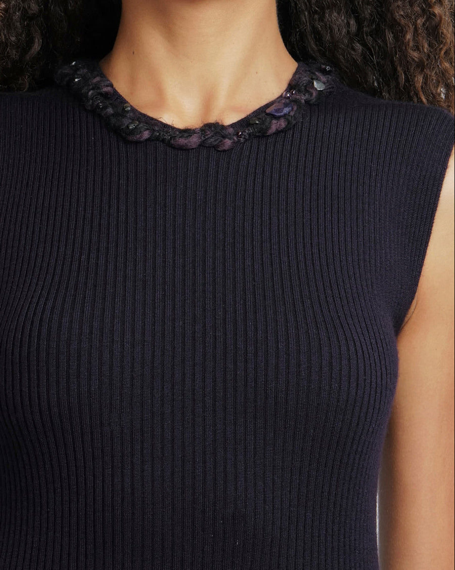 Chanel Purple Cashmere Silk Blend Sleeveless Top with Stone-Embellished Collar Size FR 40 (UK 12)