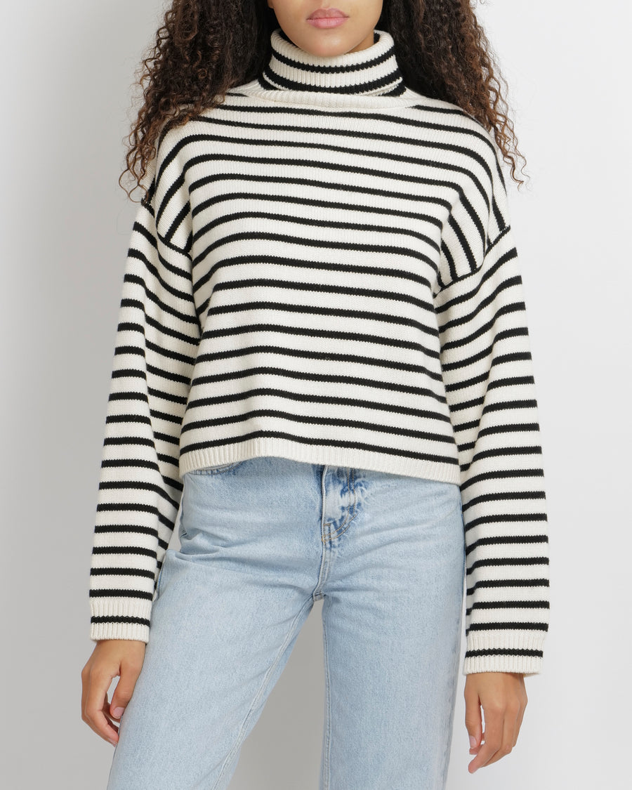 Soft Goat White and Black Striped Knit High Neck Wool Jumper Size S (UK 8)