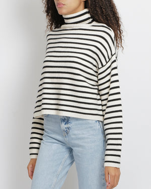 Soft Goat White and Black Striped Knit High Neck Wool Jumper Size S (UK 8)