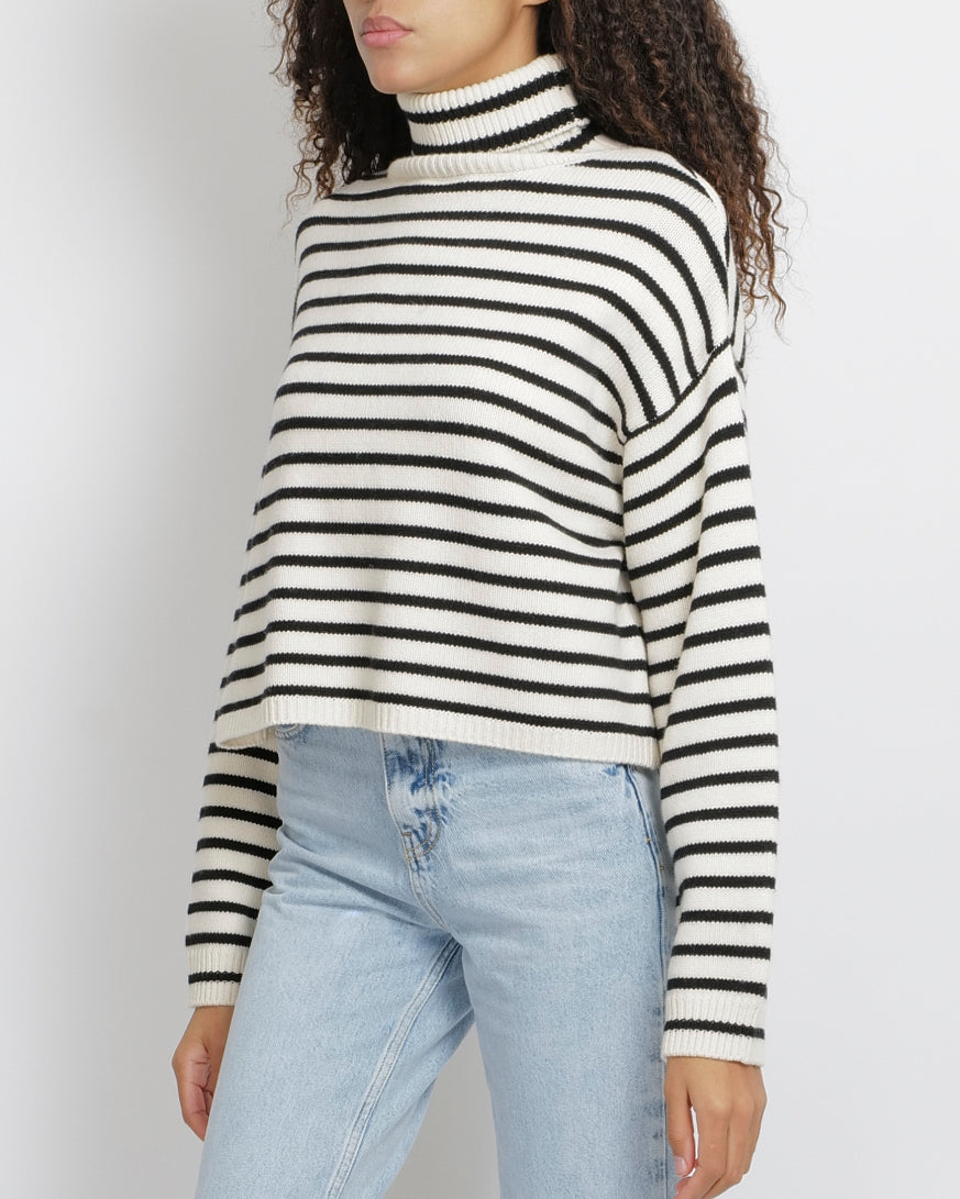 Soft Goat White and Black Striped Knit High Neck Wool Jumper Size S (UK 8)