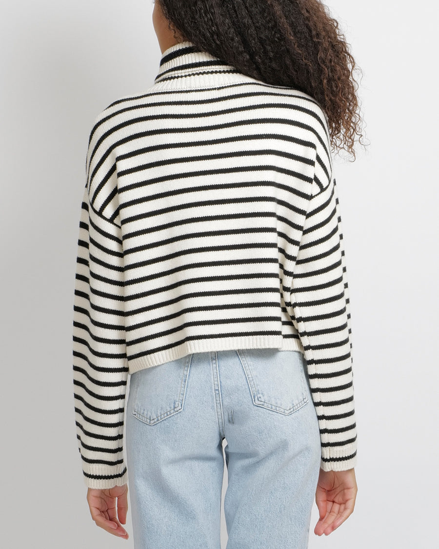 Soft Goat White and Black Striped Knit High Neck Wool Jumper Size S (UK 8)