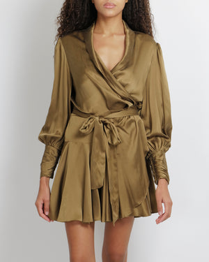Zimmermann Olive Green Silk Wrap Mini Dress Size 3 (UK 14)