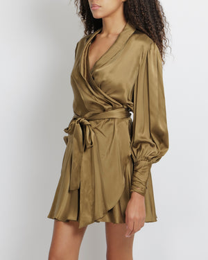 Zimmermann Olive Green Silk Wrap Mini Dress Size 3 (UK 14)