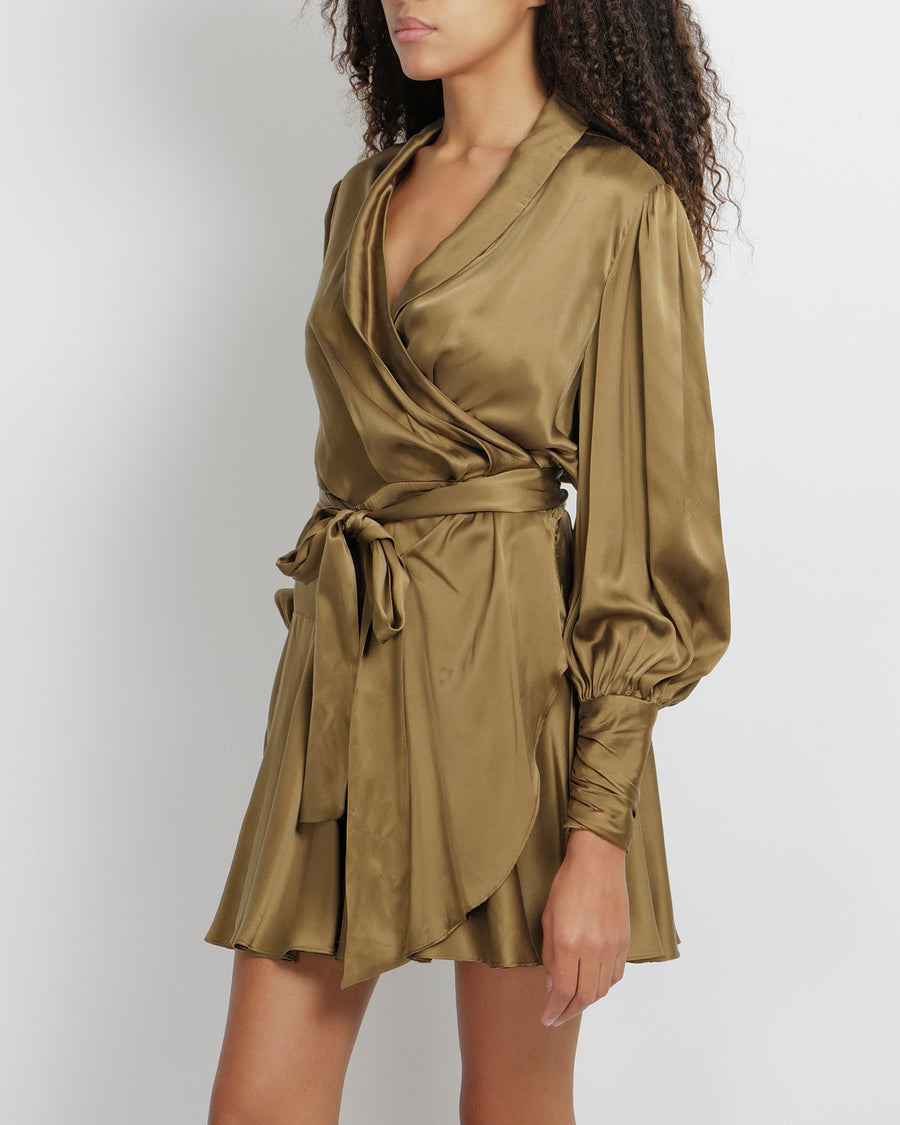Zimmermann Olive Green Silk Wrap Mini Dress Size 3 (UK 14)