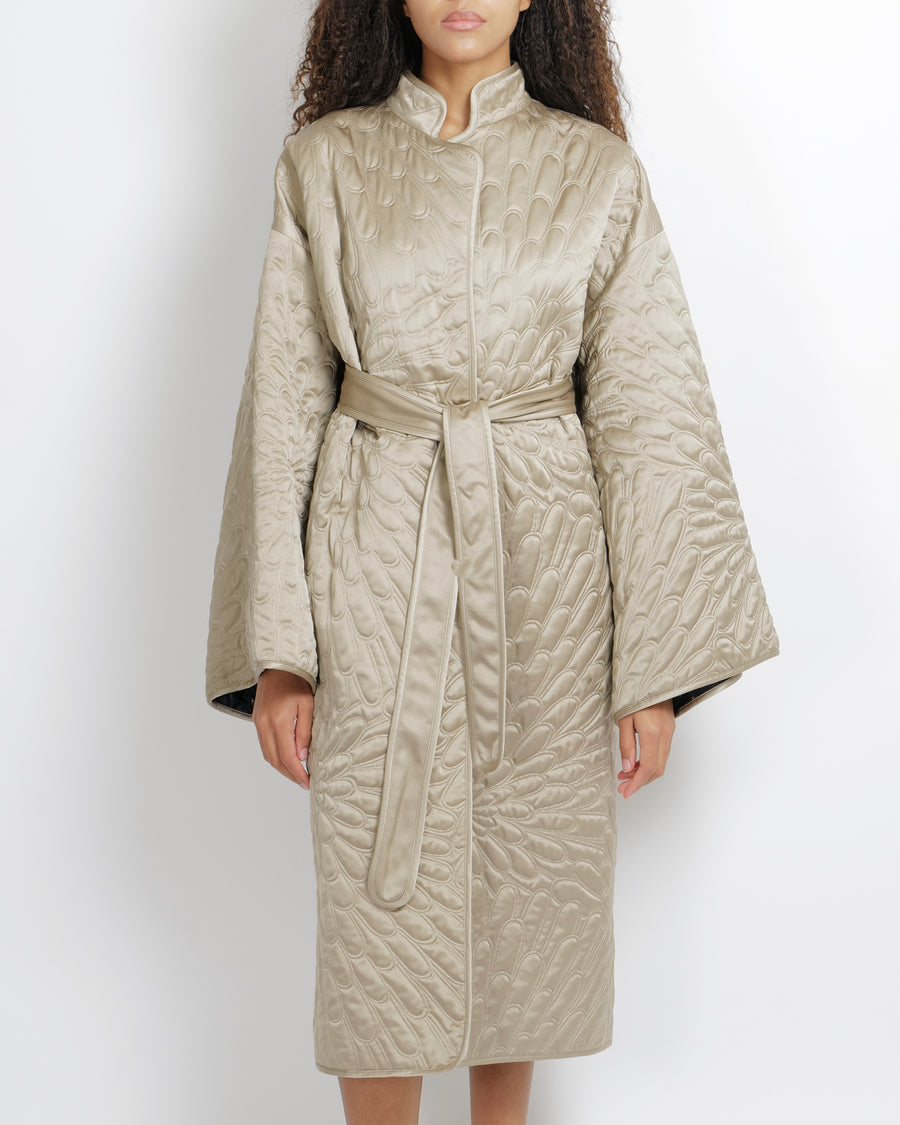 Loro Piana Light Grey Silk and Cashmere Padded Coat with Belt Detail Size M (UK 10)