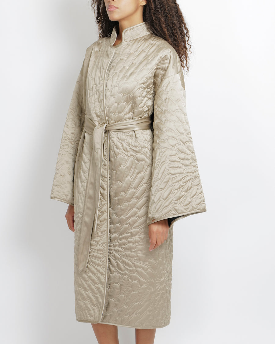 Loro Piana Light Grey Silk and Cashmere Padded Coat with Belt Detail Size M (UK 10)