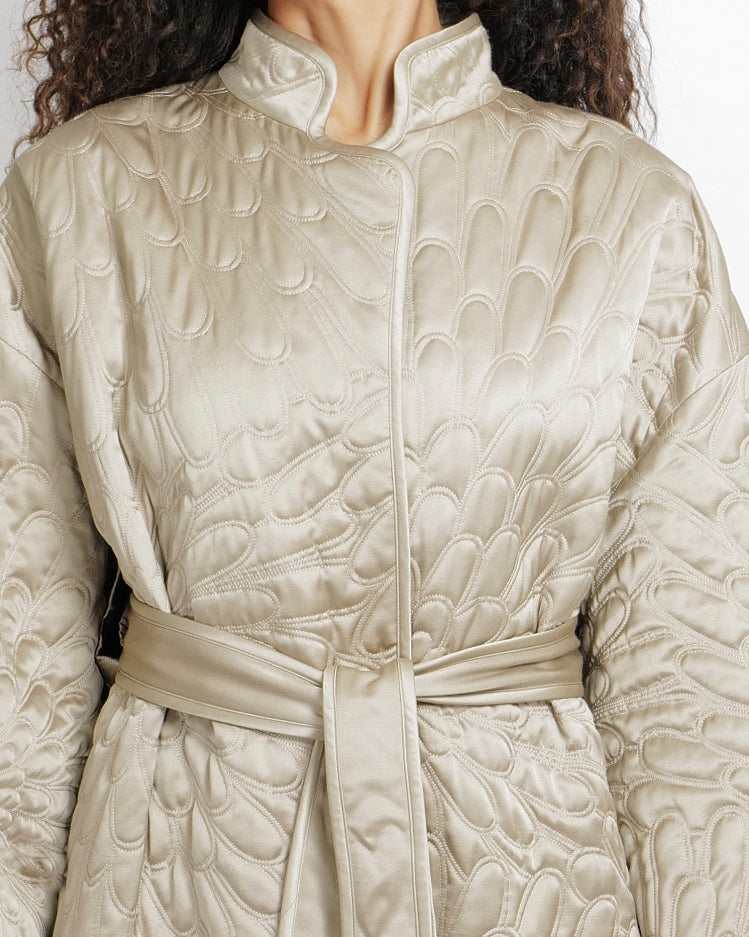 Loro Piana Light Grey Silk and Cashmere Padded Coat with Belt Detail Size M (UK 10)