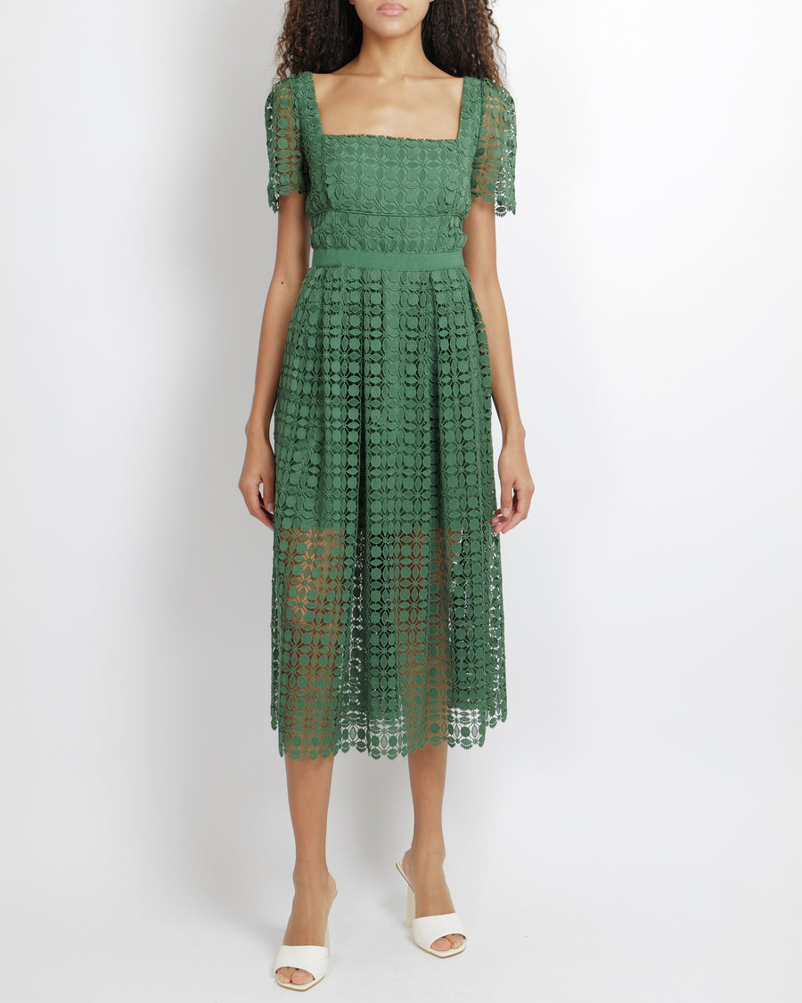 Self Portrait Green Lace Short Sleeved Midi Dress Size UK 14