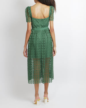 Self Portrait Green Lace Short Sleeved Midi Dress Size UK 14