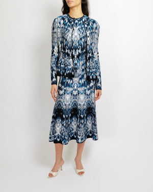 Alexander Mcqueen Blue Abstract Print Silk Midi Dress and Cardigan Set Sellier Alexander Mcqueen Blue Abstract Print Silk Midi Dress and Cardigan Set Sellier