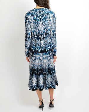 Alexander Mcqueen Blue Abstract Print Silk Midi Dress and Cardigan Set Size M/L (UK 10/12)