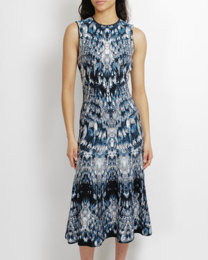 Alexander Mcqueen Blue Abstract Print Silk Midi Dress and Cardigan Set Size M/L (UK 10/12)