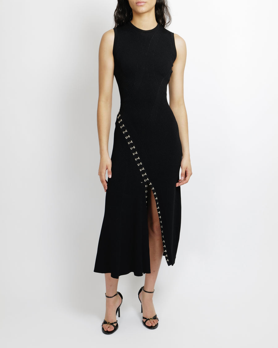 Alexander McQueen Black Ribbed Sleeveless Maxi Dress with Silver Hook Sellier Alexander McQueen Black Ribbed Sleeveless Maxi Dress with Silver Hook Sellier