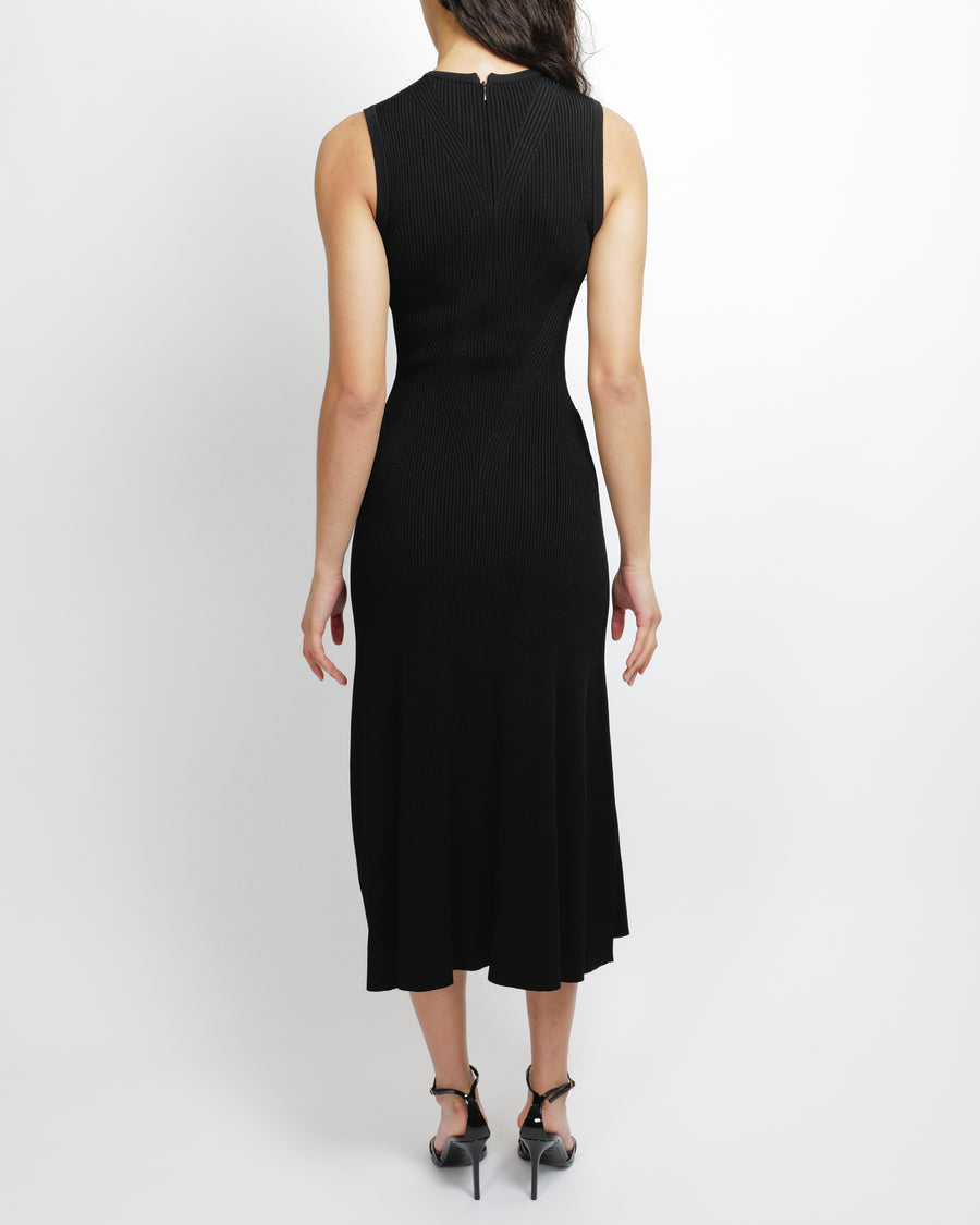 Alexander McQueen Black Ribbed Sleeveless Maxi Dress with Silver Hook Sellier Alexander McQueen Black Ribbed Sleeveless Maxi Dress with Silver Hook Sellier