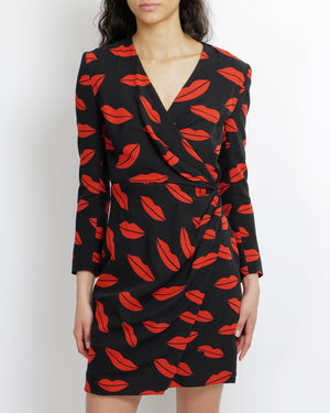 Saint Laurent Spring 2014 Black Silk and Red Lip Printed Mini Wrap Dress with with Sequin Buttons Size FR 40 (UK 12)