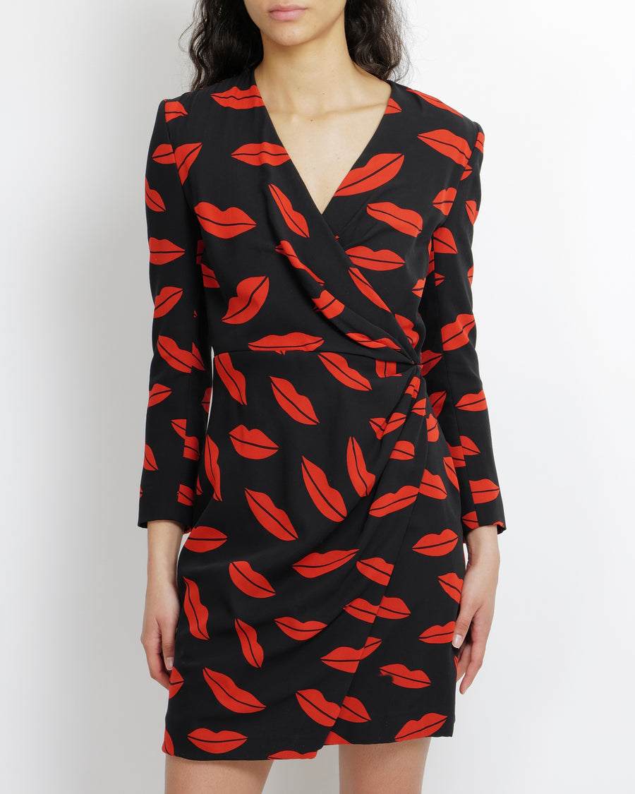 Saint Laurent Spring 2014 Black Silk and Red Lip Printed Mini Wrap Dress with with Sequin Buttons Size FR 40 (UK 12)