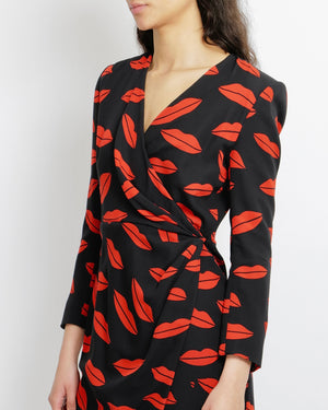 Saint Laurent Spring 2014 Black Silk and Red Lip Printed Mini Wrap Dress with with Sequin Buttons Size FR 40 (UK 12)