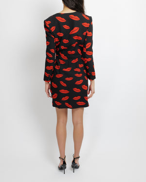 Saint Laurent Spring 2014 Black Silk and Red Lip Printed Mini Wrap Dress with with Sequin Buttons Size FR 40 (UK 12)