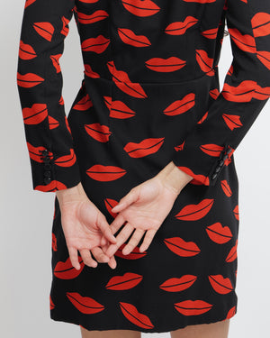 Saint Laurent Spring 2014 Black Silk and Red Lip Printed Mini Wrap Dress with with Sequin Buttons Size FR 40 (UK 12)