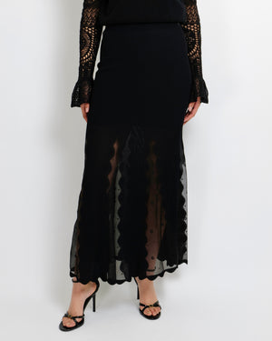 Alexander McQueen Black Ribbed Maxi Skirt with Sheer Tulle Inserts and Scalloped Trim Detail Size S (UK 8) RRP £1,750