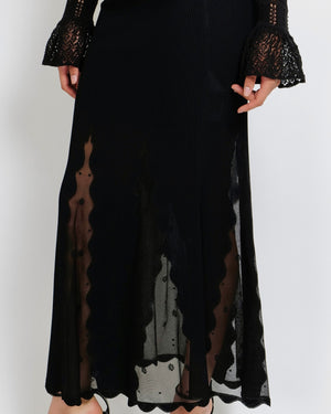 Alexander McQueen Black Ribbed Maxi Skirt with Sheer Tulle Inserts and Scalloped Trim Detail Size S (UK 8) RRP £1,750