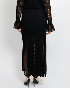 Alexander McQueen Black Ribbed Maxi Skirt with Sheer Tulle Inserts and Scalloped Trim Detail Size S (UK 8) RRP £1,750