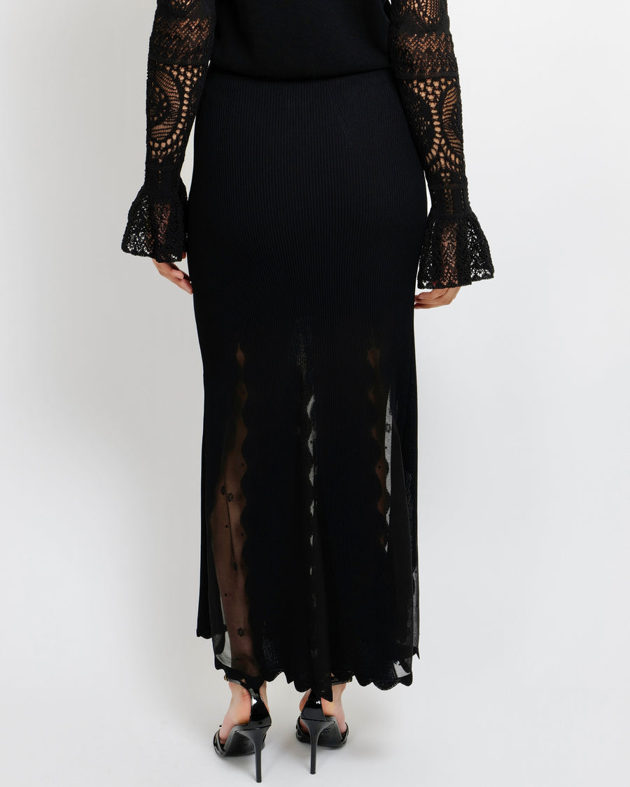 Alexander McQueen Black Ribbed Maxi Skirt with Sheer Tulle Inserts and Scalloped Trim Detail Size S (UK 8) RRP £1,750