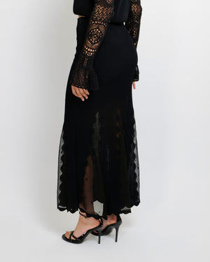 Alexander McQueen Black Ribbed Maxi Skirt with Sheer Tulle Inserts and Scalloped Trim Detail Size S (UK 8) RRP £1,750