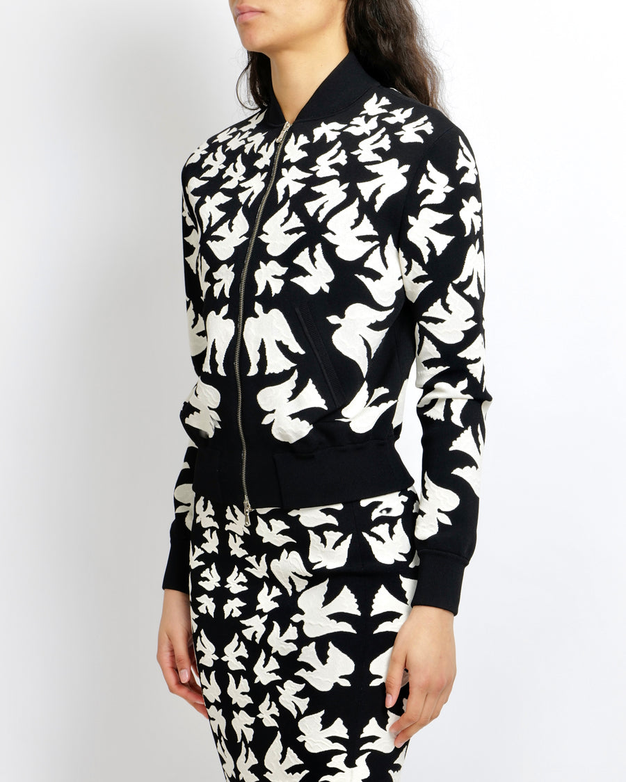 Alexander Mcqueen Black and White Dove-Intarsia Bomber Jacket Size XS (UK 6) RRP £1,845