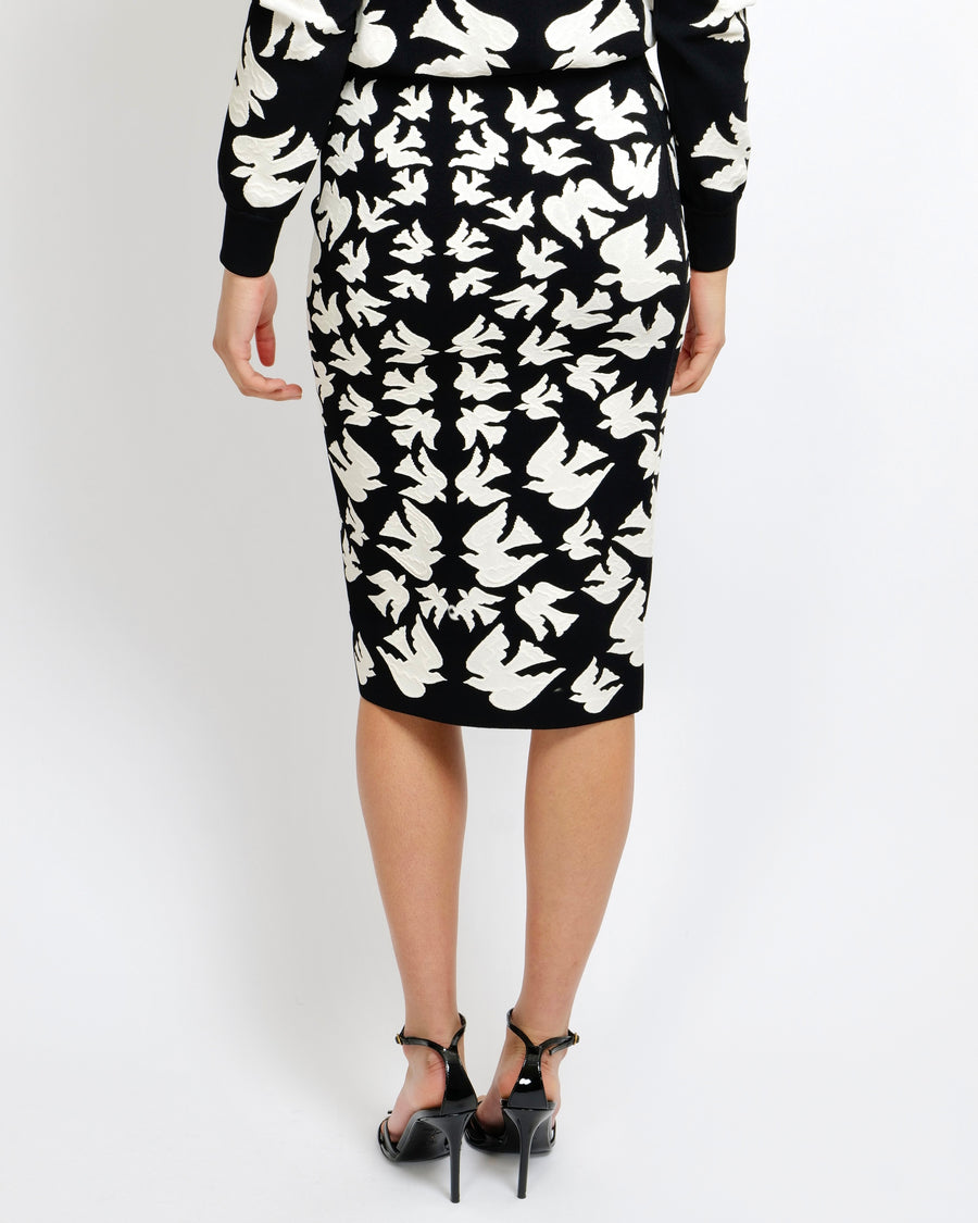Alexander Mcqueen Black and White Dove-Intarsia Midi Skirt Size S (UK 8)