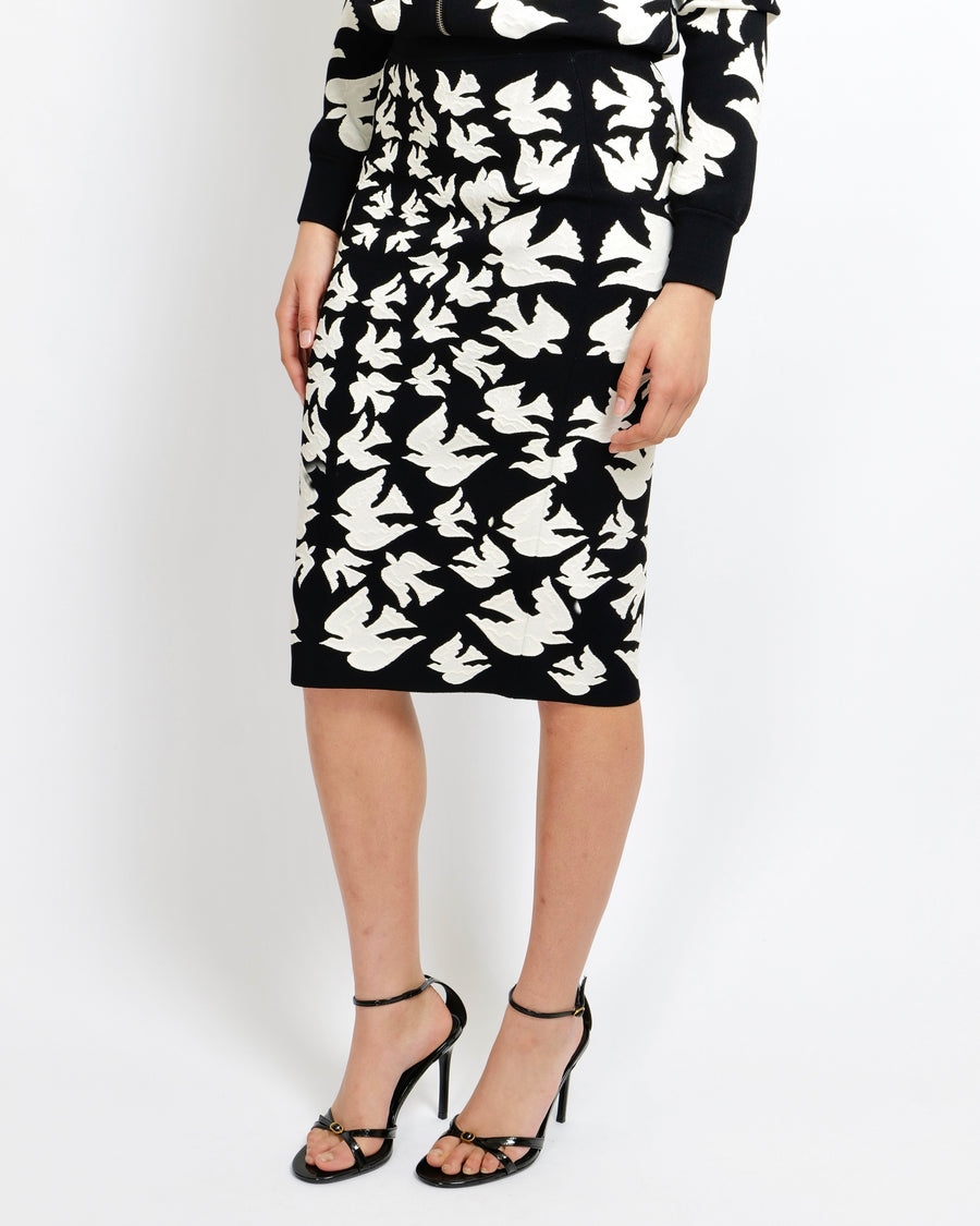 Alexander Mcqueen Black and White Dove-Intarsia Midi Skirt Size S (UK 8)