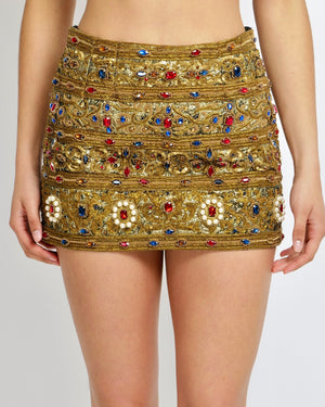 Dolce & Gabbana Spring 2019 Runway Gold Metallic Sequin Mini Skirt with Multi-Colour Gems and Pearl Embellishments Size IT 40 (UK 8) RRP £8,650