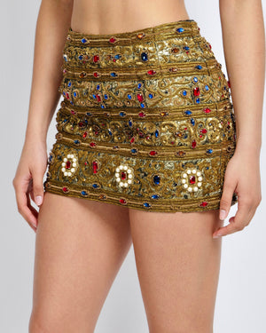 Dolce & Gabbana Spring 2019 Runway Gold Metallic Sequin Mini Skirt with Multi-Colour Gems and Pearl Embellishments Size IT 40 (UK 8) RRP £8,650