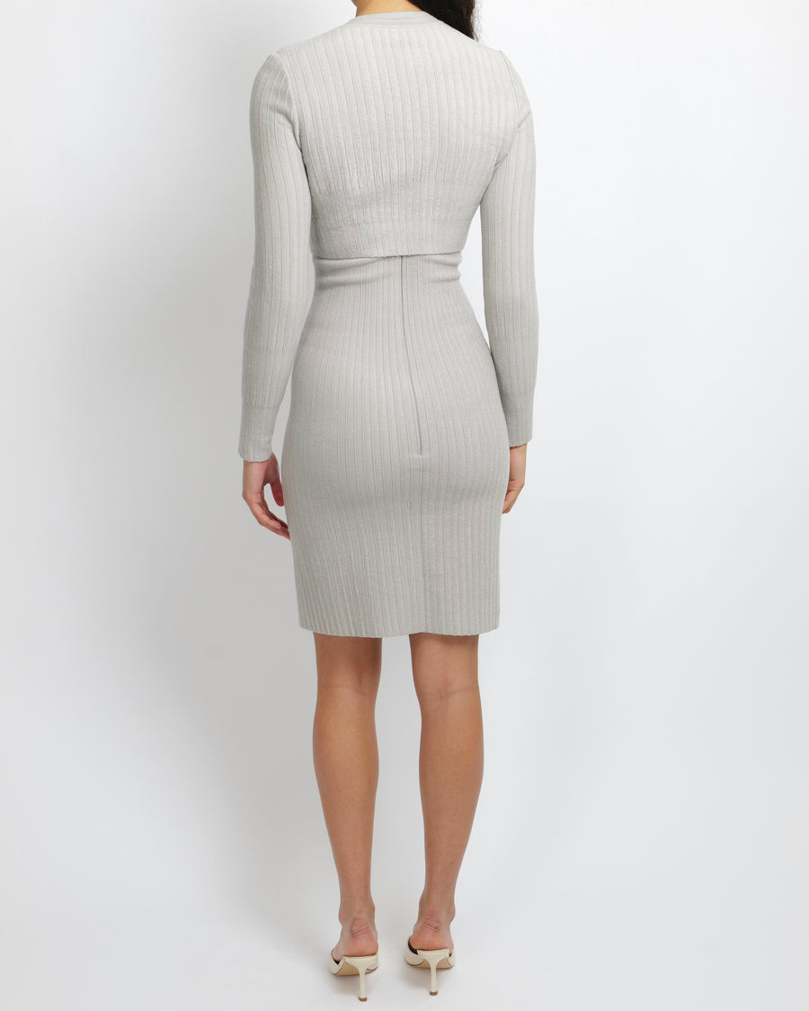 Alaïa Light Grey Ribbed Wool Sleeveless Midi Dress and Cardigan Set Size FR 38 (UK 10)