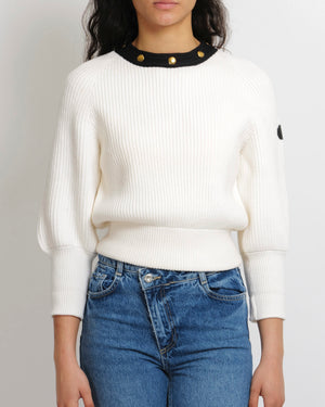 Louis Vuitton Cream Knitted Jumper with Black Neckline with Gold Logo Buttons and Black Leather Logo Sleeve Patch Detail Size M (UK 10)