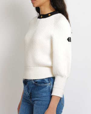 Louis Vuitton Cream Knitted Jumper with Black Neckline with Gold Logo Buttons and Black Leather Logo Sleeve Patch Detail Size M (UK 10)