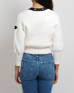 Louis Vuitton Cream Knitted Jumper with Black Neckline with Gold Logo Buttons and Black Leather Logo Sleeve Patch Detail Size M (UK 10)