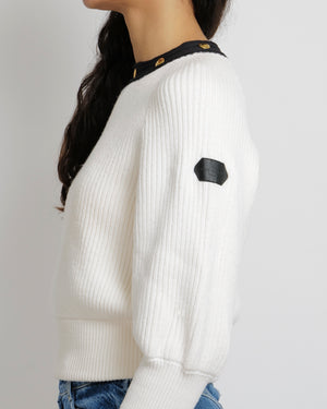 Louis Vuitton Cream Knitted Jumper with Black Neckline with Gold Logo Buttons and Black Leather Logo Sleeve Patch Detail Size M (UK 10)