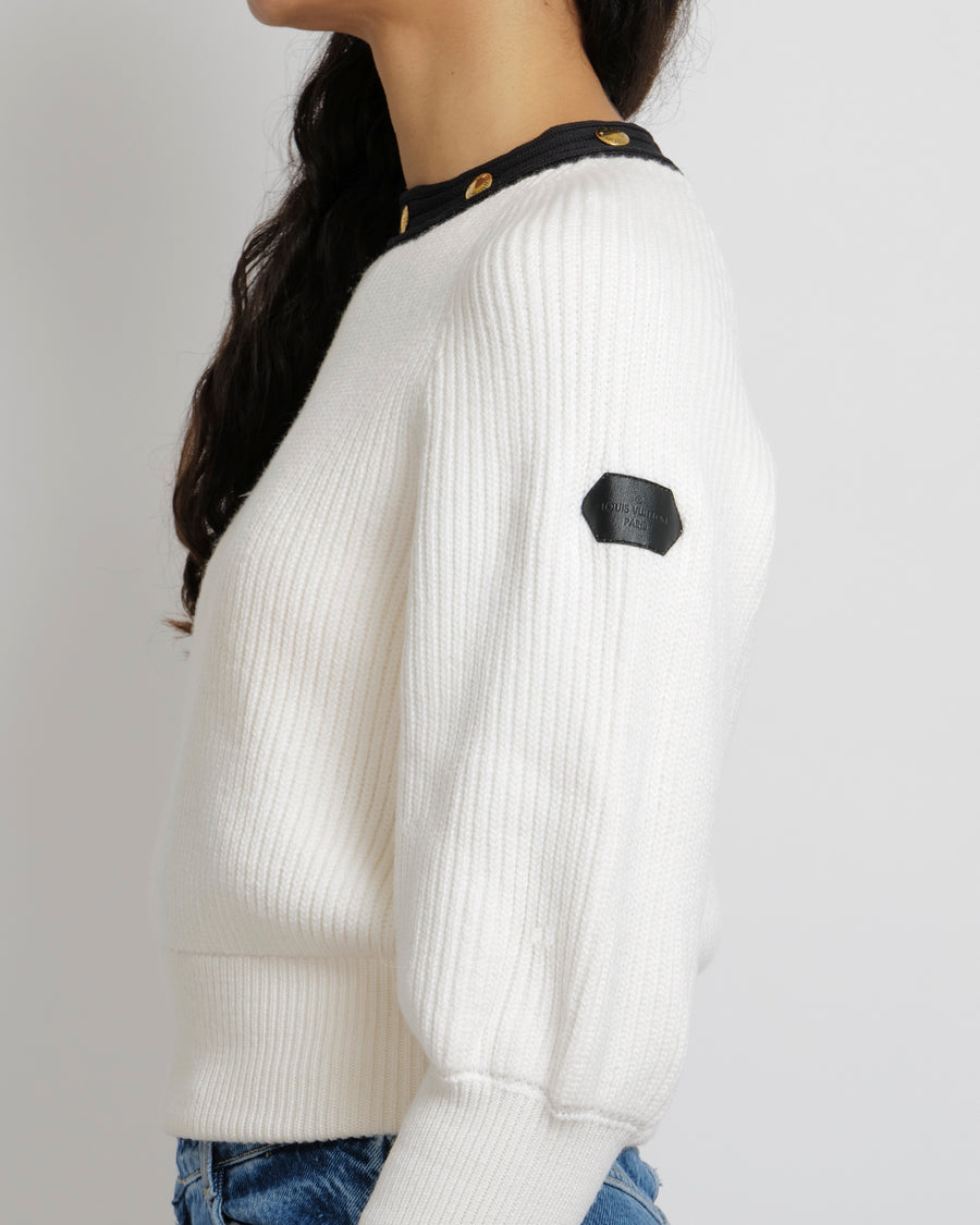 Louis Vuitton Cream Knitted Jumper with Black Neckline with Gold Logo Buttons and Black Leather Logo Sleeve Patch Detail Size M (UK 10)
