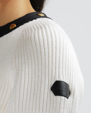 Louis Vuitton Cream Knitted Jumper with Black Neckline with Gold Logo Buttons and Black Leather Logo Sleeve Patch Detail Size M (UK 10)
