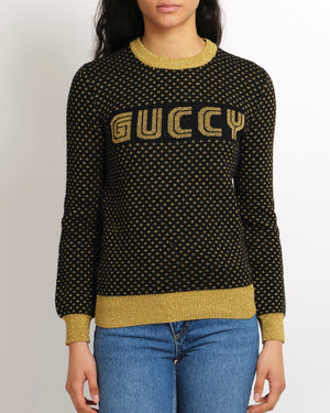 Gucci Black and Gold Wool Embellished "Guccy" Jumper Size XS (UK 6)