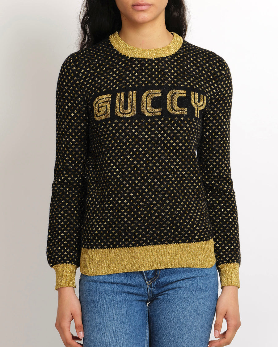 Gucci Black and Gold Wool Embellished "Guccy" Jumper Size XS (UK 6)