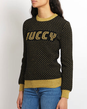 Gucci Black and Gold Wool Embellished "Guccy" Jumper Size XS (UK 6)